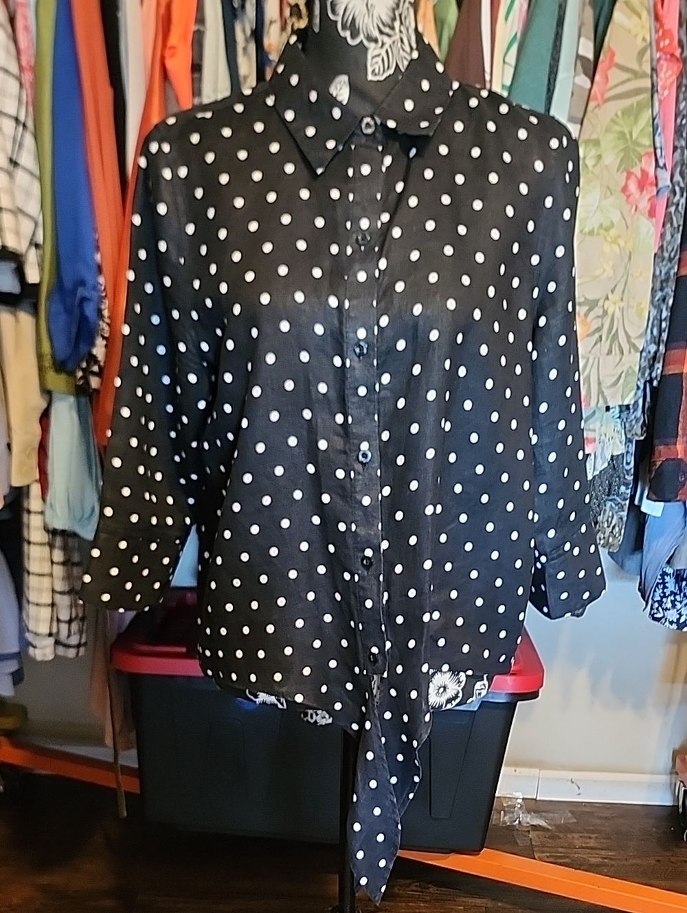 Chico's Black Button-Down Polka Dot Shirt with White Dots